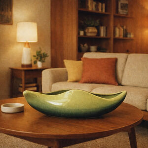 Vintage Beauceware pottery centerpiece bowl green drip glaze mid century